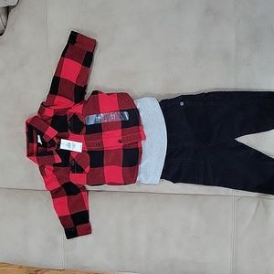 Baby Gap Plaid button down with gray long sleeve shirt and black corduroy pants